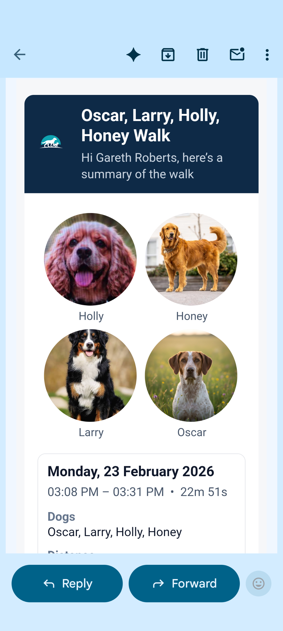 Professional Owner Email - Tap of a button to update owners after a walk.